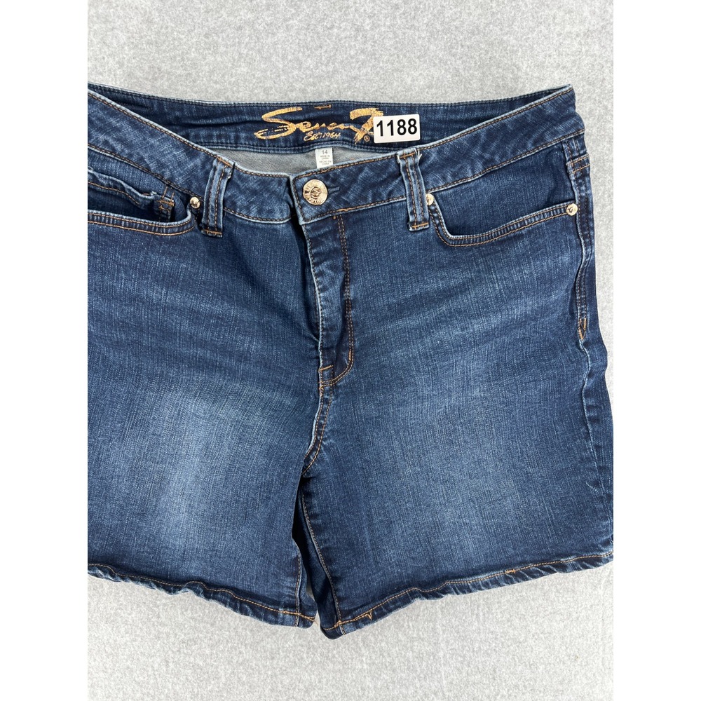 Seven7 Womens Dark Wash Denim Shorts Mid Rise Stretch S-Scroll Pockets Size 10